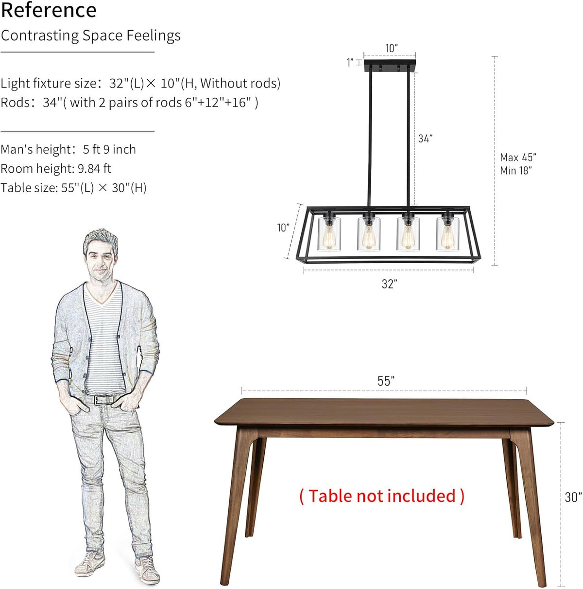 Black Farmhouse Chandeliers for Dining Room, Rustic Kitchen Island Light Fixture, 4-Lighting Linear Pendant Lamp Kitchen Island with Glass Shade  .Apply to Dining Room Light fixtures Over Table