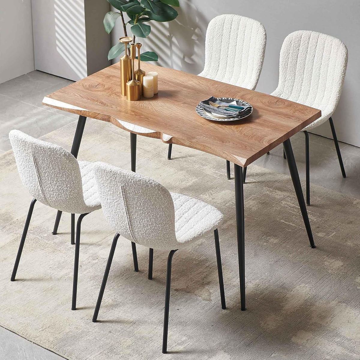 Dining Table Set for 4 with White Boucle Chairs, Mid-Century Modern Rectangle Coffee Table, Kitchen Table and Chairs Set of 4, Perfect for Small Apartment, Home, Dining Room, Breakfast Nook
