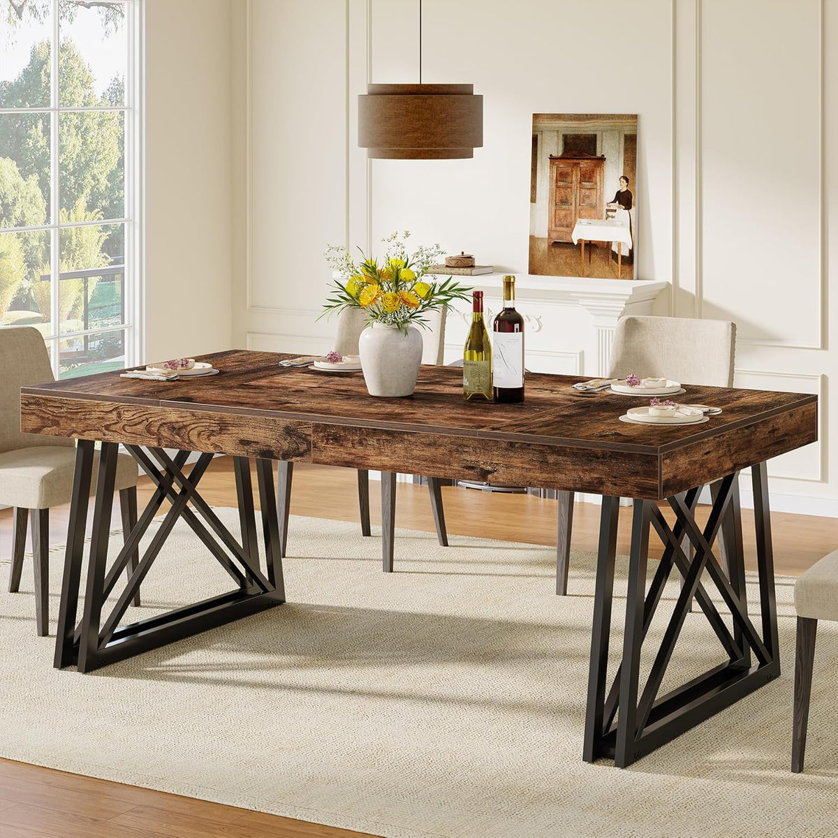 Tribesigns 63-Inch Dining Table for 4-6, Farmhouse Kitchen Table with Sturdy Metal Legs, Rectangular Dinner Furniture for Home, Living Room, Vintage Brown and Black