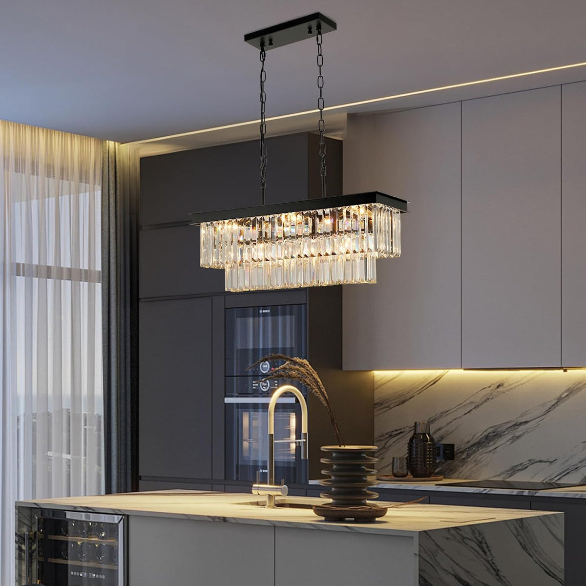 Weesalife Black Crystal Chandeliers for Dining Room Light Fixtures Over Table .9-Lights Modern Rectangle Chandeliers for Kitchen Island Bar L28 Inch