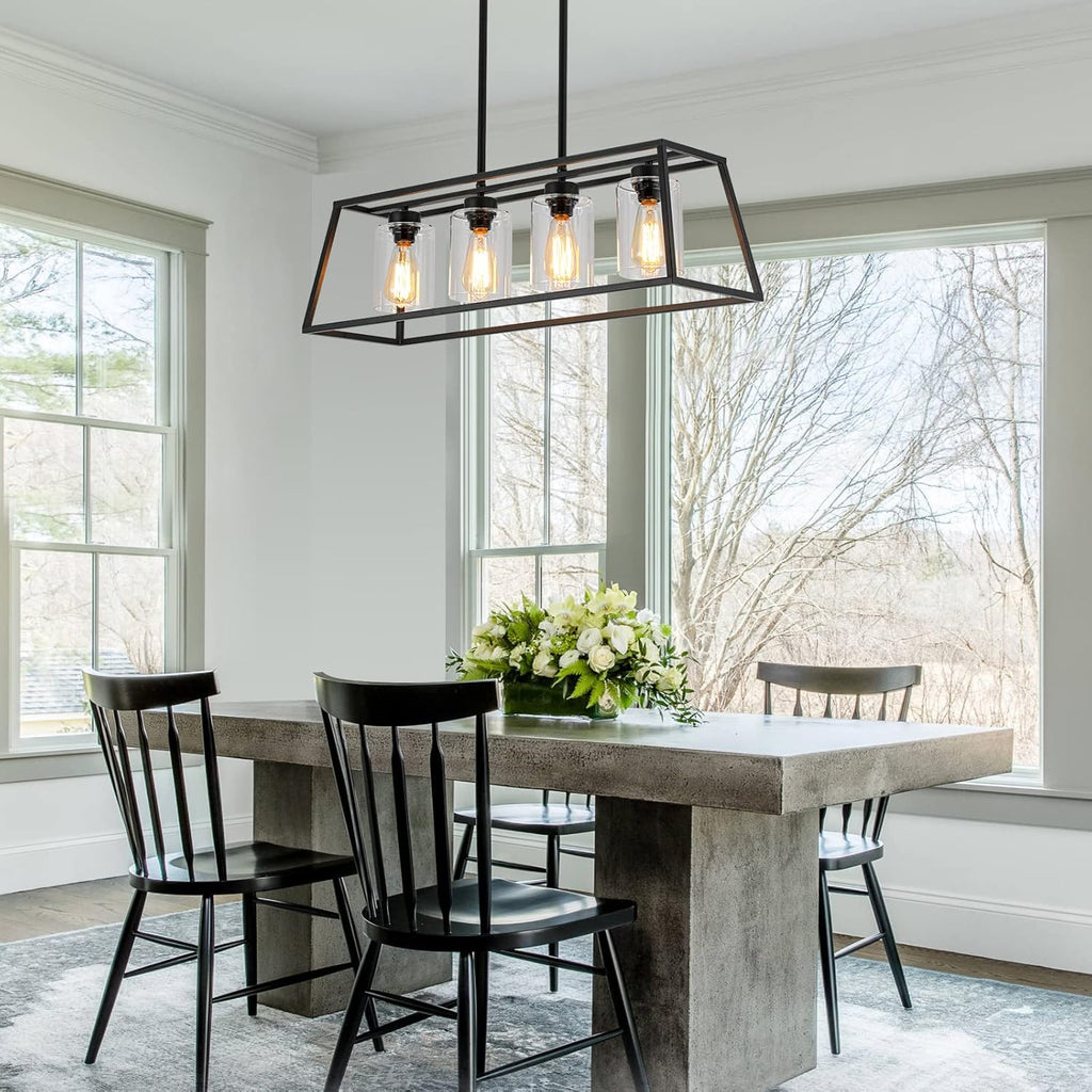 Black Farmhouse Chandeliers for Dining Room, Rustic Kitchen Island Light Fixture, 4-Lighting Linear Pendant Lamp Kitchen Island with Glass Shade  .Apply to Dining Room Light fixtures Over Table
