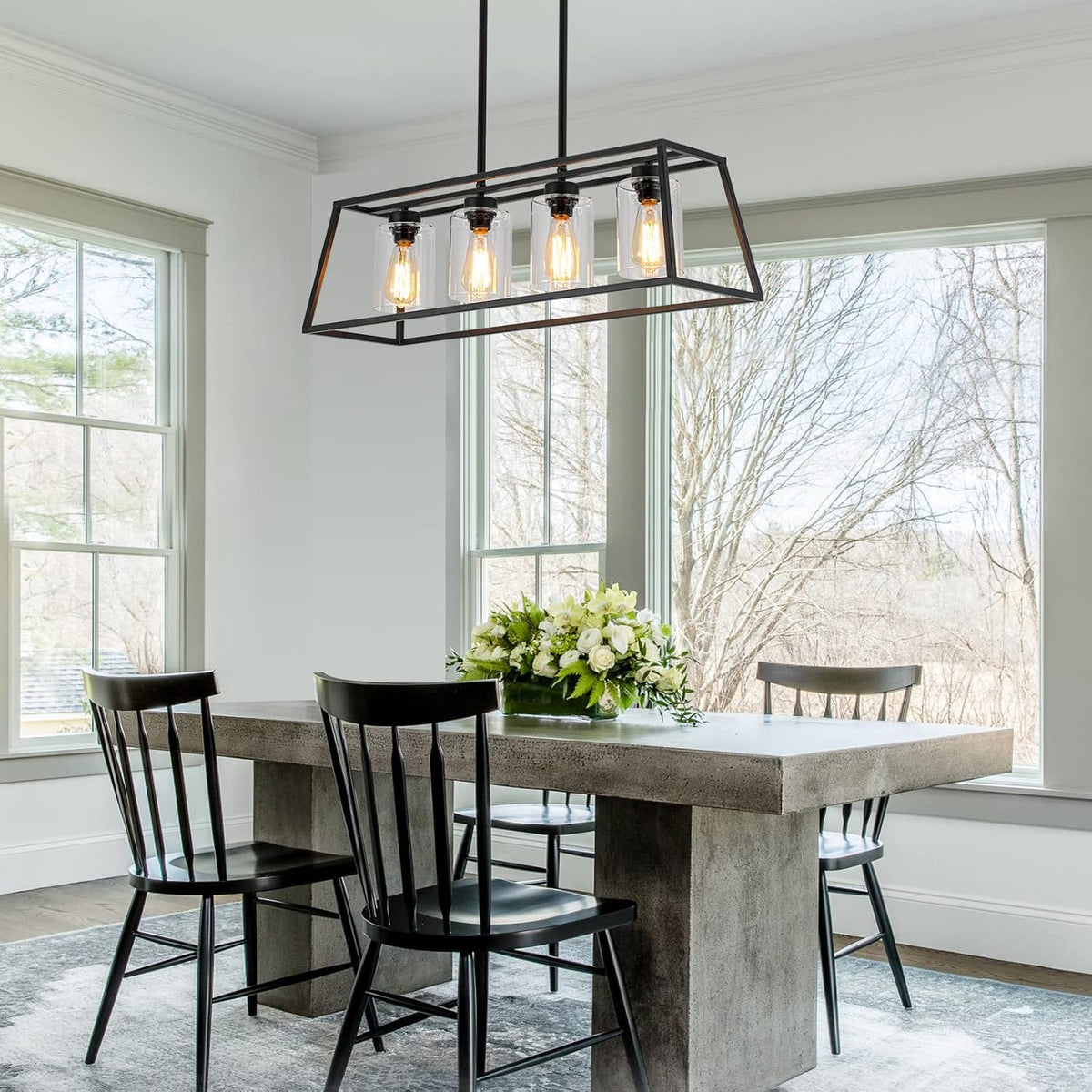 Black Farmhouse Chandeliers for Dining Room, Rustic Kitchen Island Light Fixture, 4-Lighting Linear Pendant Lamp Kitchen Island with Glass Shade  .Apply to Dining Room Light fixtures Over Table