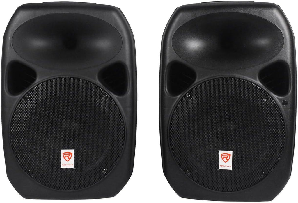 Rockville Power Gig RPG-122K All-in-One DJ/PA Package: (2) 12" DJ/PA Speakers 1000W Peak / 250W RMS with Built-in Bluetooth, USB/SD Player, FM Tuner, Speaker Stands, and Wired Microphone