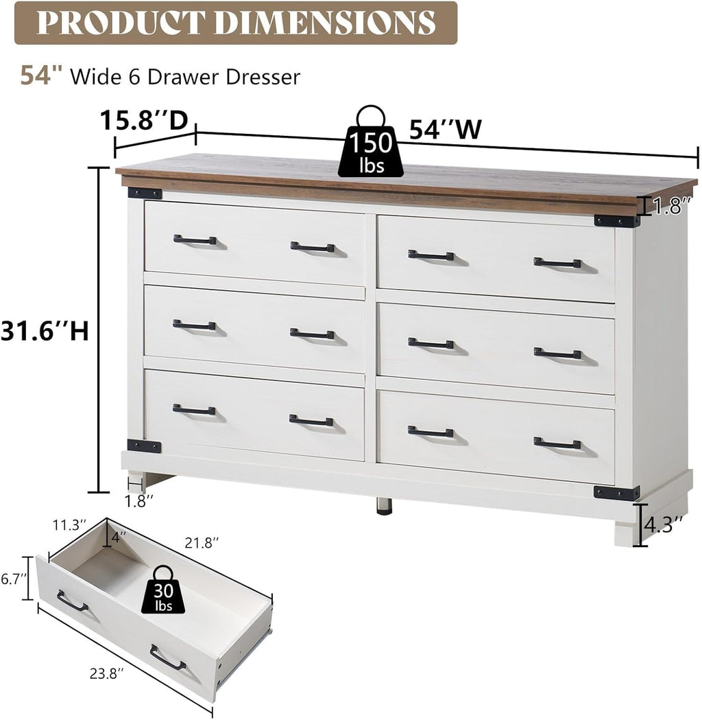 AMERLIFE Farmhouse 6 Drawer Wide Dresser for Bedroom, Large Wood Chest of Drawers with Thick Plank Top, Rustic Heavy Duty Storage Cabinet for Living Room or Hallway, Antique White