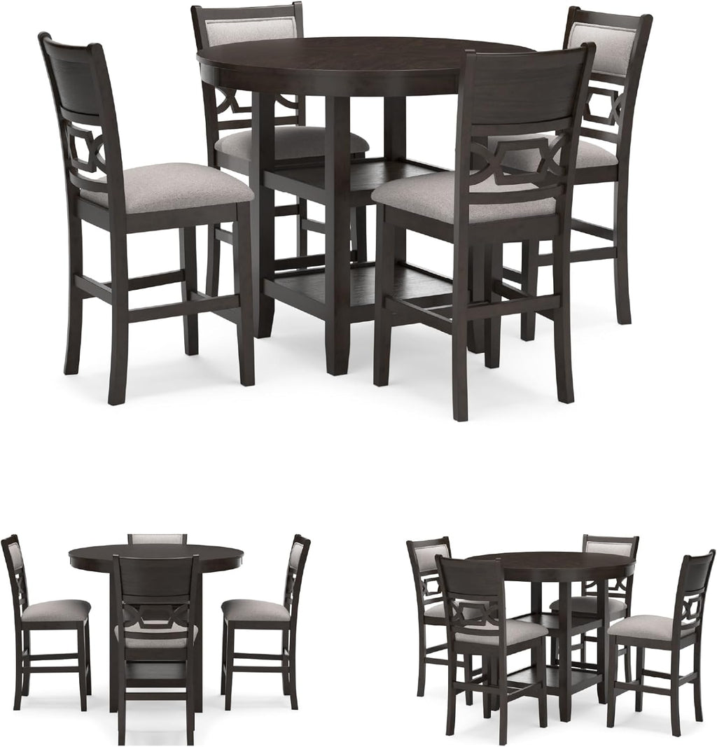Signature Design by Ashley Langwest Transitional Diamond Patterned Counter Height Dining Table and 4 Upholstered Bar Stools, Set of 5, Dark Brown & Beige