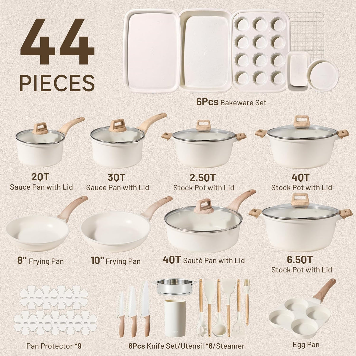 CAROTE 44pcs Pots and Pan Set Nonstick, Cookware Sets, Cooking Set Non Stick, Induction Cook Ware with Bakeware Set, Kitchen Knife Set