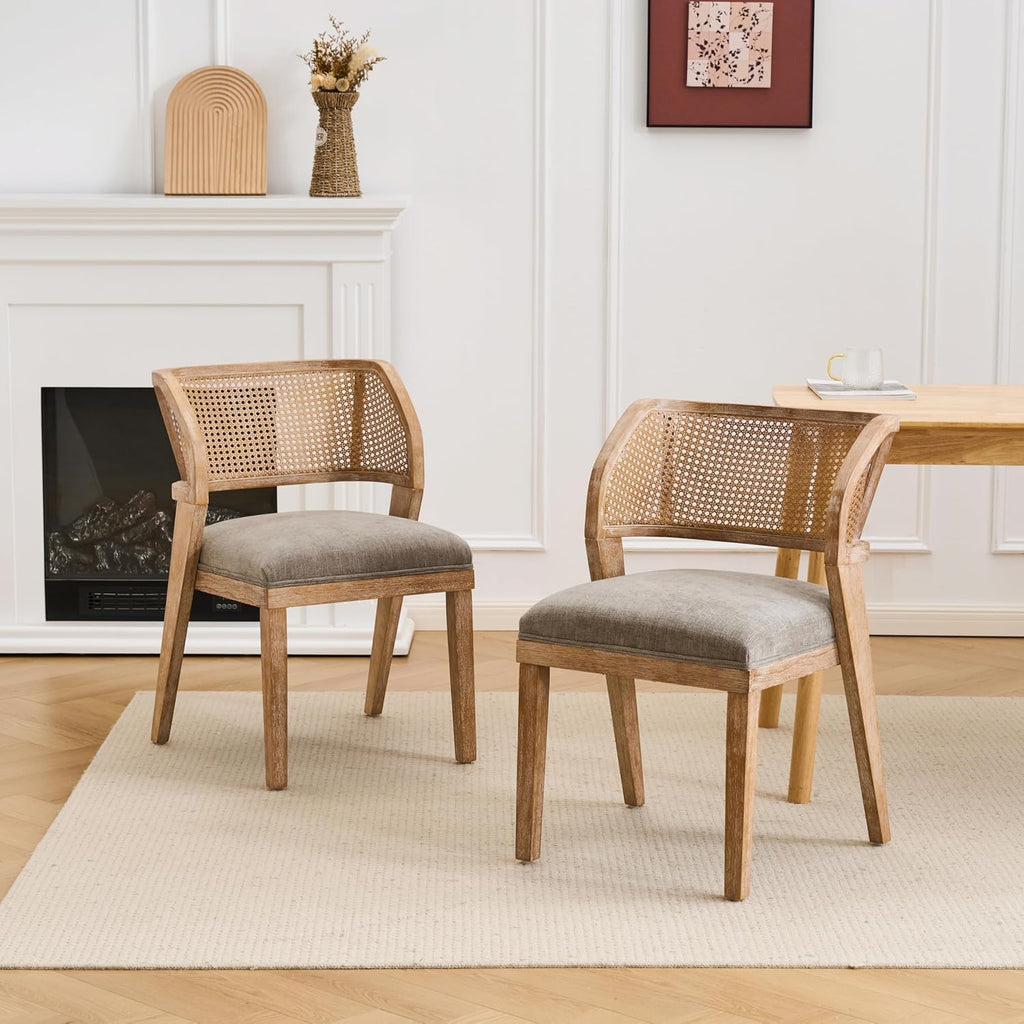 Christopher Knight Home Ashe Upholstered Dining Chairs Set of 2, Modern Dining Chair with Curved Woven Rattan Back, Rubberwood Frame Kitchen Chairs, Extra Seat for Dining Room, Light Brown + Natural