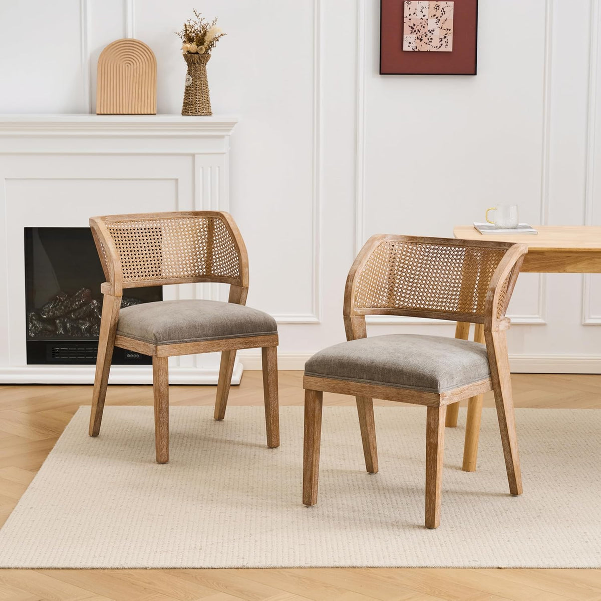 Christopher Knight Home Ashe Upholstered Dining Chairs Set of 2, Modern Dining Chair with Curved Woven Rattan Back, Rubberwood Frame Kitchen Chairs, Extra Seat for Dining Room, Light Brown + Natural