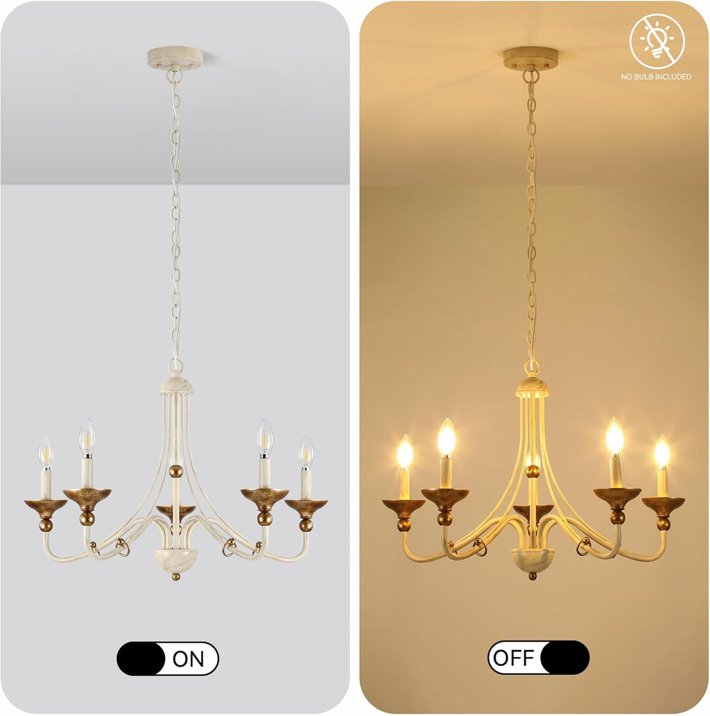27.1" French Country Chandeliers for Dining Room, 5-Light Farmhouse Candle Chandelier, Rustic Vintage White&Antique Gold Metal Pendant Light Fixture for Kitchen Island Bedroom Living Room Foyer