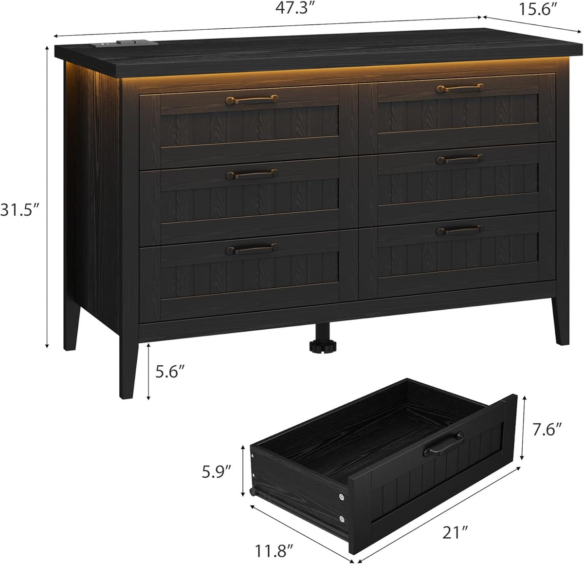 IDEALHOUSE 6 Drawer Dresser with Power Outlet, Black Dresser with LED Light, Modern Chest of Drawers for Closet, Double Wide Drawer Organizer Cabinet for Bedroom, Living Room