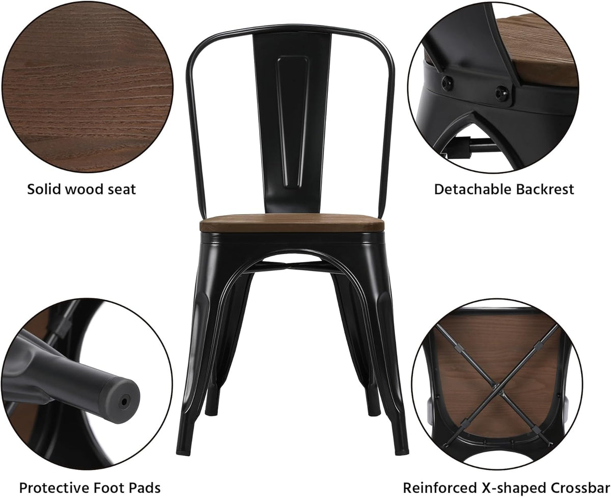 Yaheetech Metal Dining Chairs Set of 4, Industrial Stackable Kitchen Chairs with Wood Top Seat for Dining Room/Restaurant/Bistro/Patio, Indoor & Outdoor Use, Black