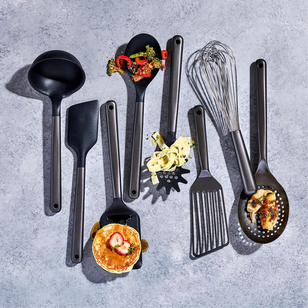 HexClad 9-Piece Kitchen Utensil Set, 9 Stainless Steel & Silicone Tools with a Fingerprint-Resistant Metallic Finish, Heat-Resistant to 450°F, Dishwasher-Safe, Includes Non-Slip Ceramic Crock Holder