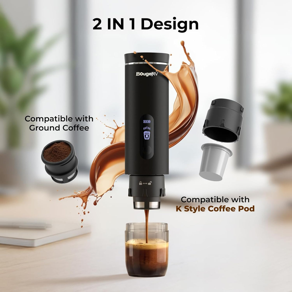 BougeRV Portable Drip Coffee Maker Compatible with K Cup & Ground Coffee, Electric Car Coffee Machine Self-Heating LCD Display USB-C for Travel, Bussiness Trips, Hotel, Camping, Office, Outdoors