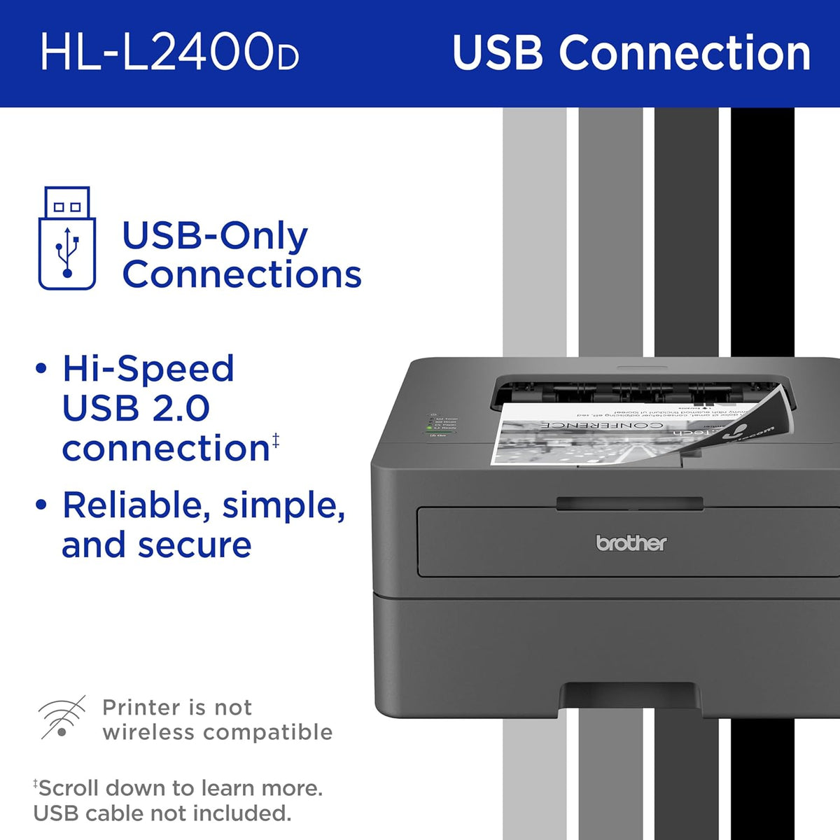 Brother Monochrome Laser Printer with 32 PPM Speed and Automatic 2-Sided Printing for Home Office, Fast Black and White Output, Compact Design with 250-Sheet Capacity (HL-L2400D)