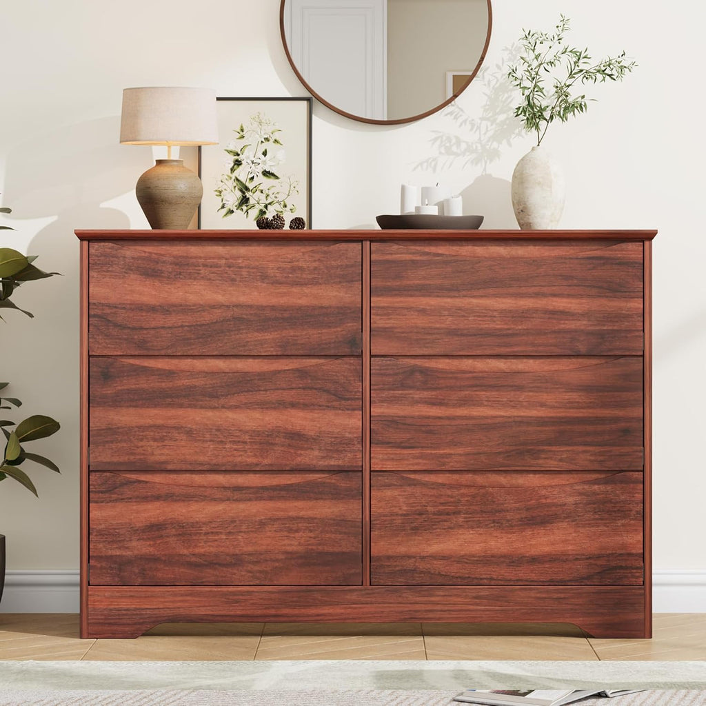 GarveeHome Wooden Dresser with 6 Drawers, Tall Modern Closet with Deep Storage, Large Chest of Drawers with Wide Top, Long Storage Dresser for Bedroom, Living Room, Hallway, Kids Room, Red Walnut