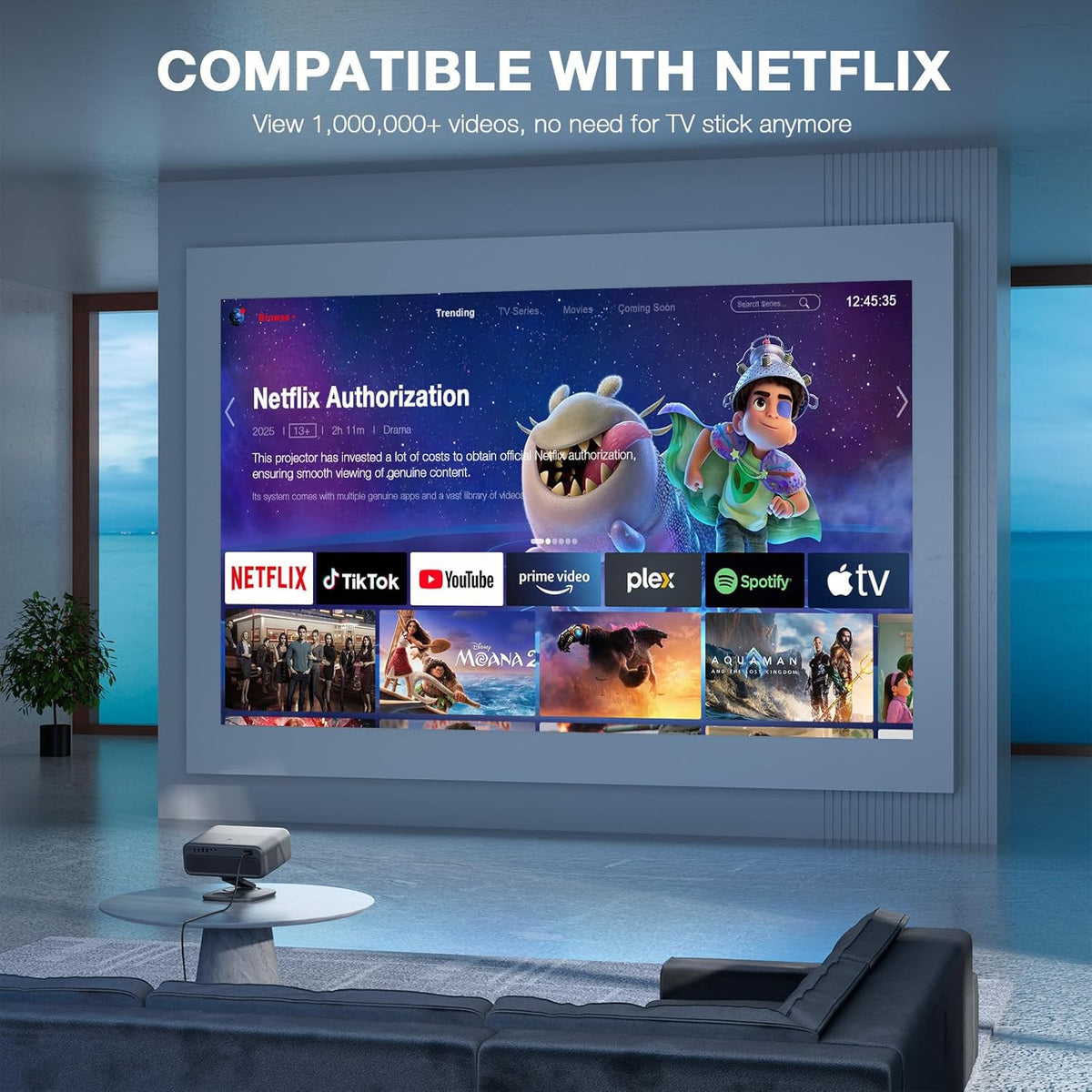 Officially-Licensed APP & 2500ANSI 4K Projector with WiFi and Bluetooth,3D Dolby Audio and Auto Focus Smart Projector,Outdoor Movie Home Theater Proyector with Omni-Adjustable Stand (grey)