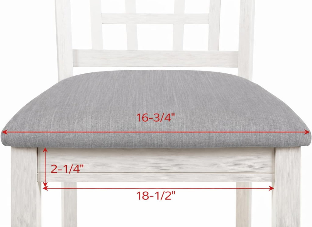 CARTESIAN 5 Piece Counter Height Dining Set, Oval Extendable Table with Storage Shelf, 4 Upholstered Chairs, Weathered White and Gray, Grid-Back Design