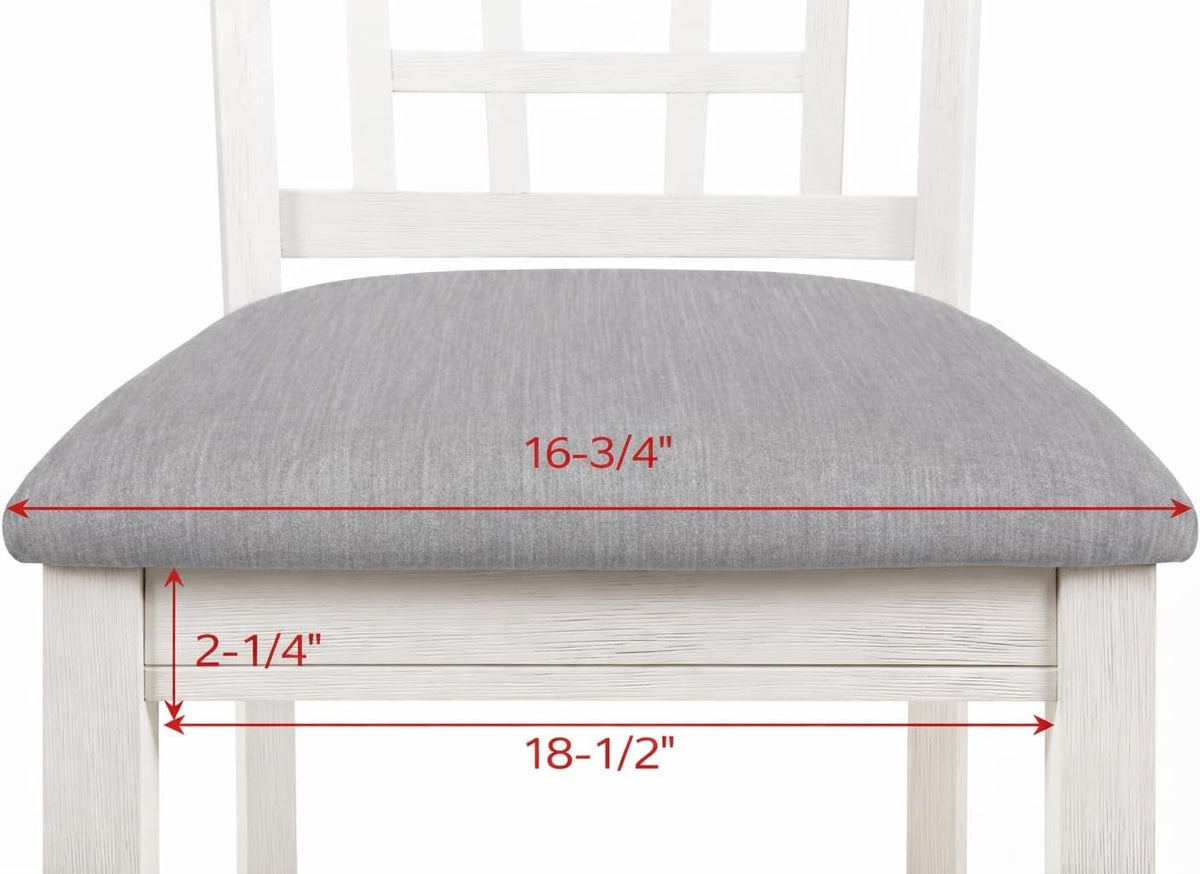 CARTESIAN 5 Piece Counter Height Dining Set, Oval Extendable Table with Storage Shelf, 4 Upholstered Chairs, Weathered White and Gray, Grid-Back Design
