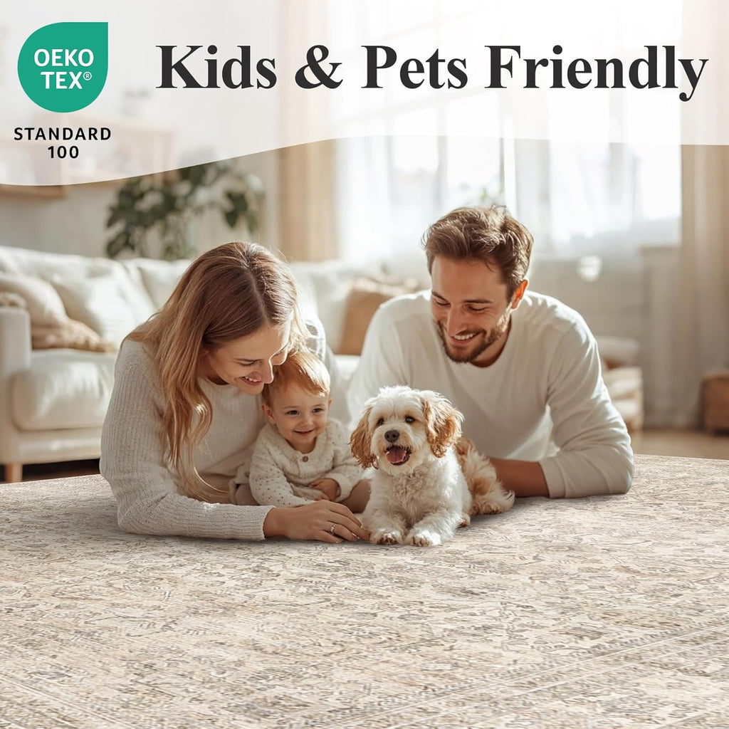 Schweek 9x12 Washable Area Rug Beige Neutral Vintage Distressed Rugs Large Non-Slip Living Room Area Rugs, Soft Low Pile Carpet Indoor Mat Throw Rug for Bedroom Dining Room Office Nursery