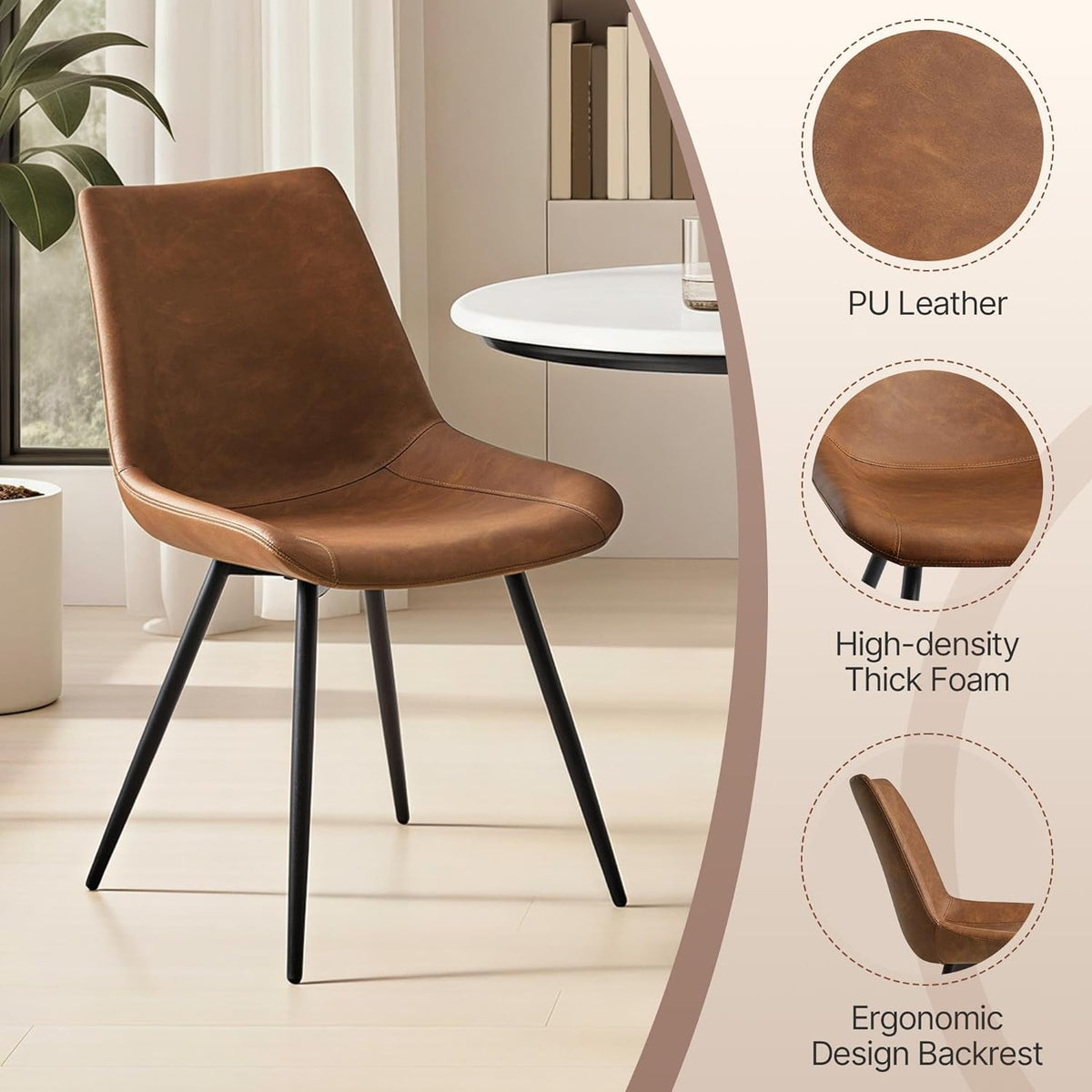 Yaheetech Dining Room Chairs Set of 4 Mid Century Modern Kitchen Chairs with Upholstered Faux Leather and Metal Legs for Dining Room, Living Room, Brown