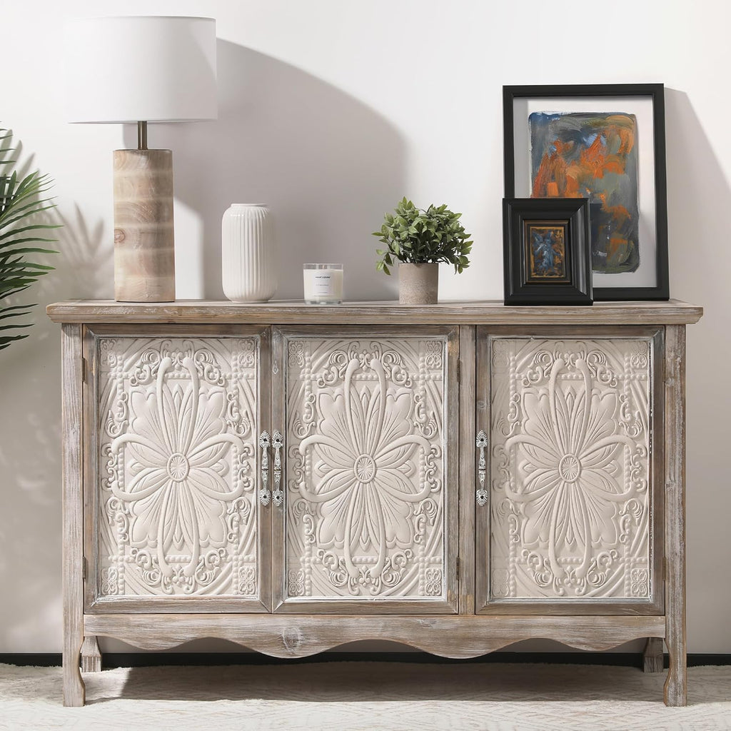 RoyalCraft Farmhouse Sideboard Buffet Cabinet with Storage, 49" Solid Wood Credenza Buffet Table Coffee Bar Wine Bar Storage Cabinet with 3 Doors for Dining Room Living Room Hallway, (Provence Gray)