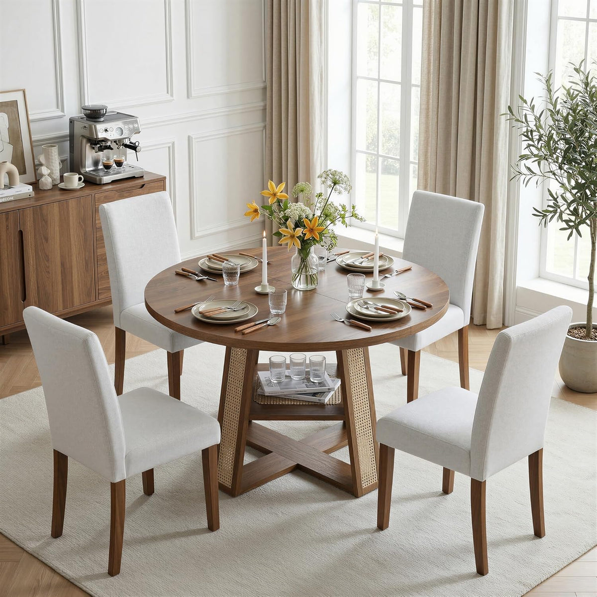 LIKIMIO 43"-59" Extendable Round Dining Table for 4-8, Oval Dining Room Table with Removable Leaves Space Saving, Wood Base Kitchen Table with Storage Shelf for Living Room, Walnut