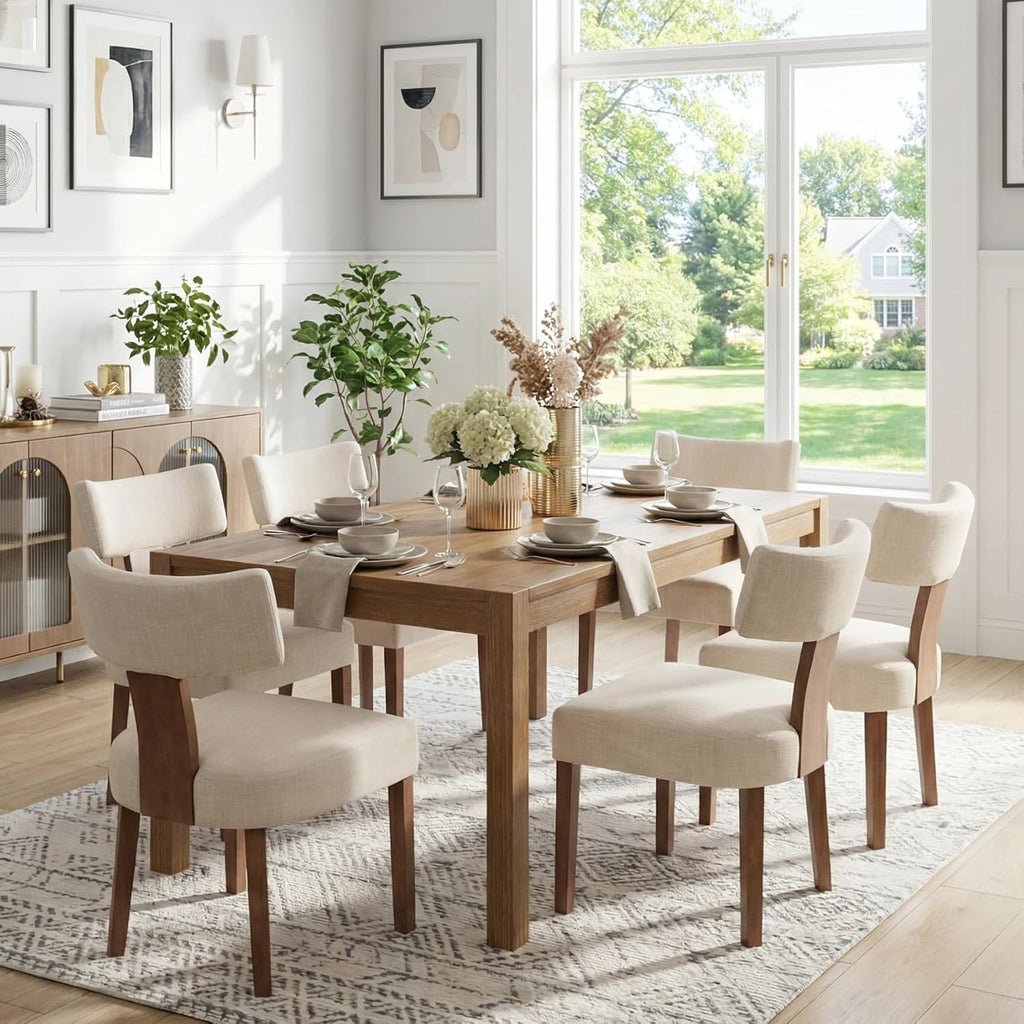 RIVOVA Mid Century Modern Dining Chairs Set of 6 Upholstered Linen Fabric Dining Chairs Curved Backrest Farmhouse Dining Room Chairs Kitchen Chairs with Wood Legs, Beige