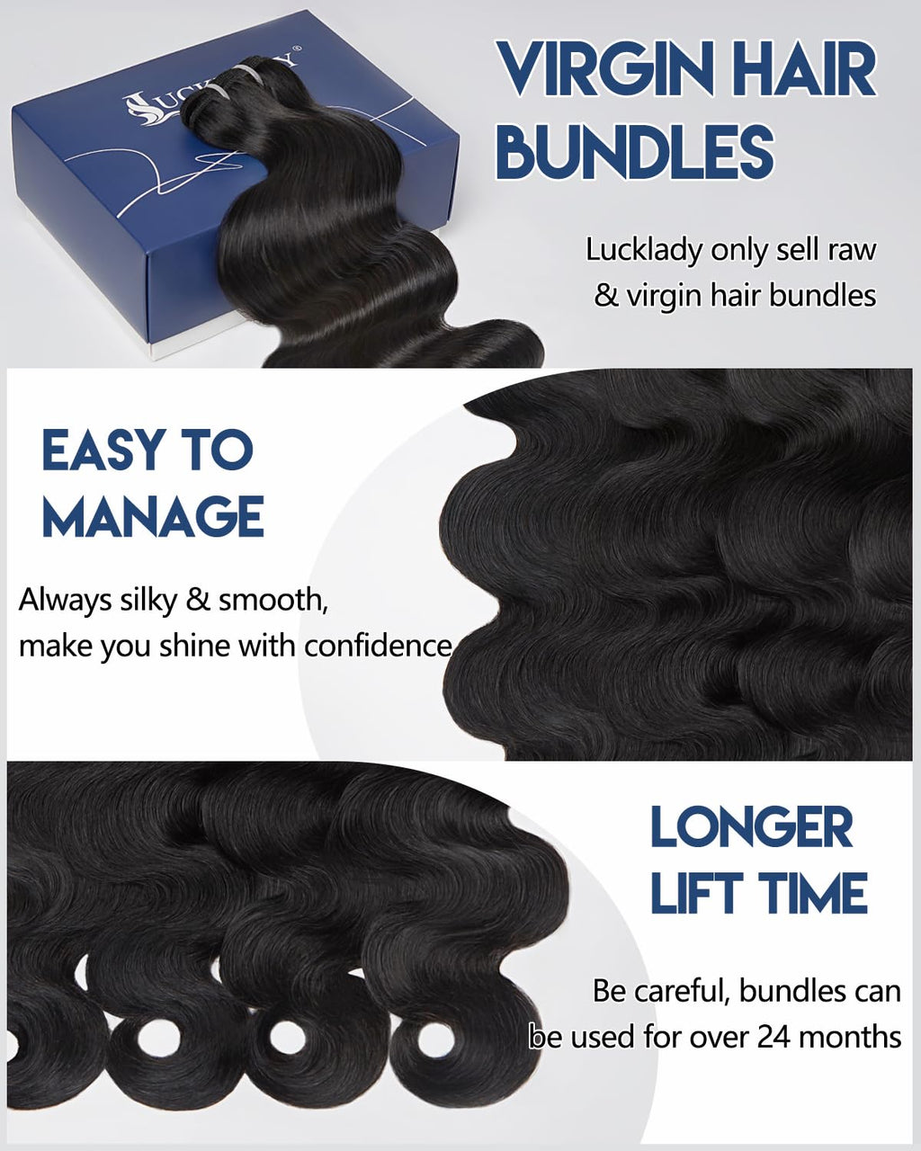 Lucklady 16A Raw Bundles Human Hair Body Wave, 4 Bundles 18 20 22 24 Inch Body Wave Bundles Human Hair, Triple Lifespan Virgin Remy hair