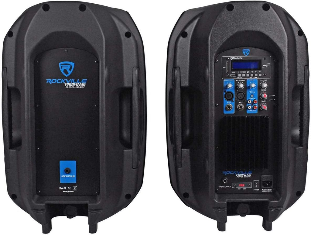 Rockville Power Gig RPG-122K All-in-One DJ/PA Package: (2) 12" DJ/PA Speakers 1000W Peak / 250W RMS with Built-in Bluetooth, USB/SD Player, FM Tuner, Speaker Stands, and Wired Microphone