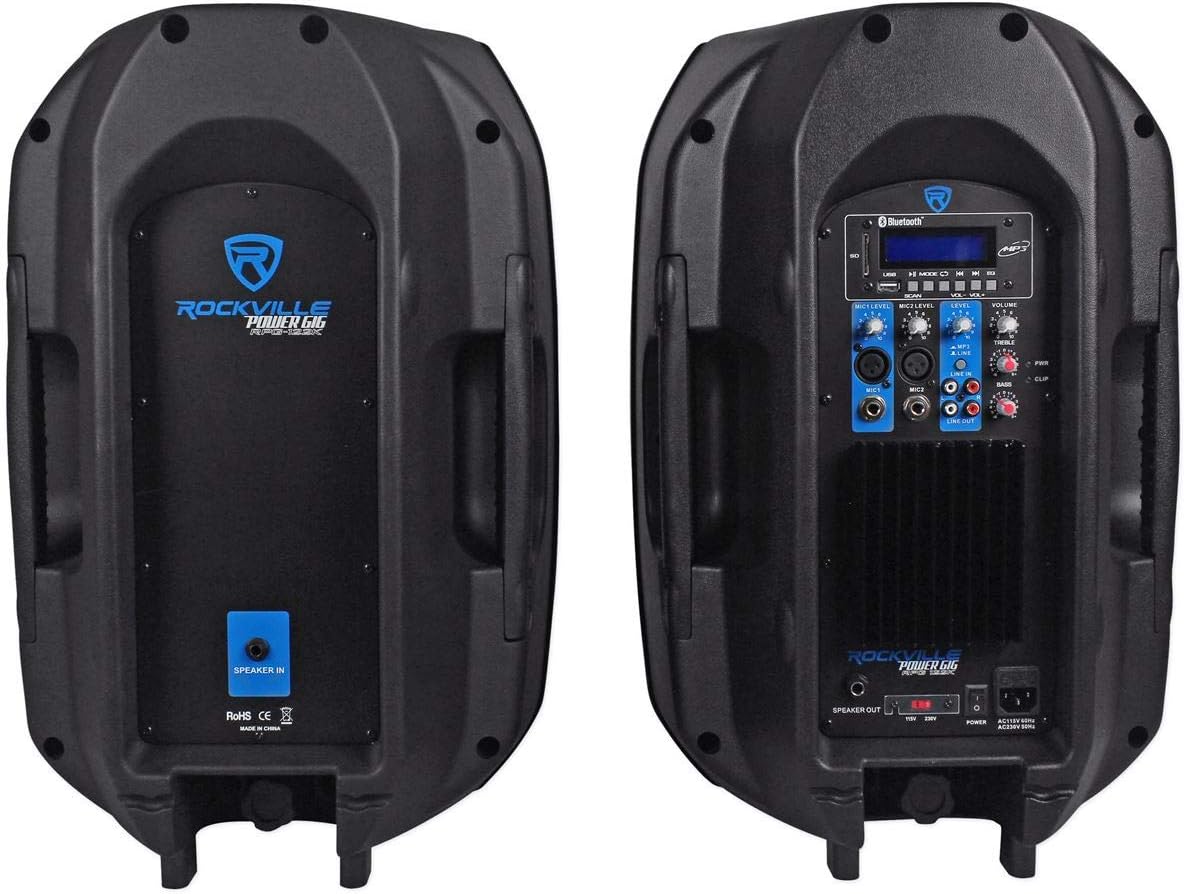 Rockville Power Gig RPG-122K All-in-One DJ/PA Package: (2) 12" DJ/PA Speakers 1000W Peak / 250W RMS with Built-in Bluetooth, USB/SD Player, FM Tuner, Speaker Stands, and Wired Microphone