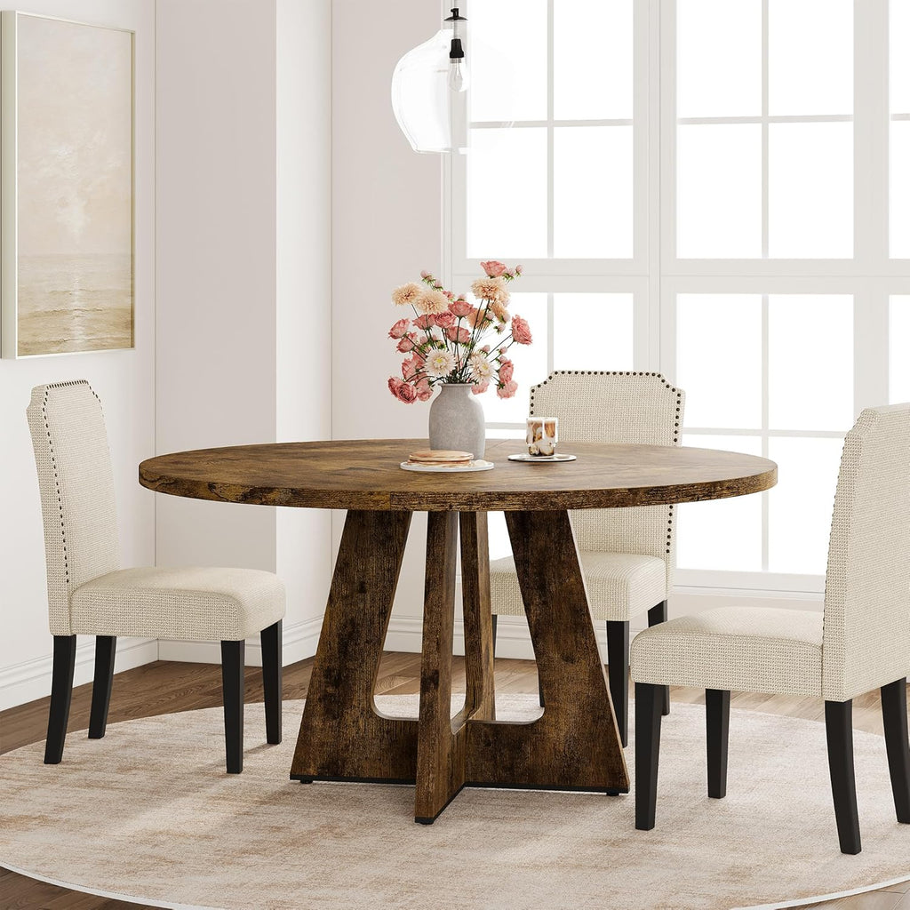 Round Dining Table with 4 Chairs, 5 Piece Farmhouse Dining Table Set, Space-Saving Kitchen Table Set for 4-6, Rustic MDF Dining Table + 4 Upholstered Dining Chairs with Faux Linen Fabric & Wood