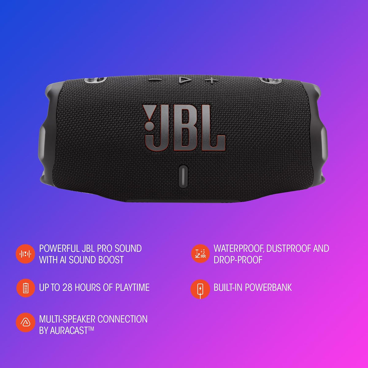 JBL Charge 6 - Portable Waterproof & Drop-Proof Bluetooth Speaker, Bold Pro Sound with AI Sound Boost (Blue) (Renewed)