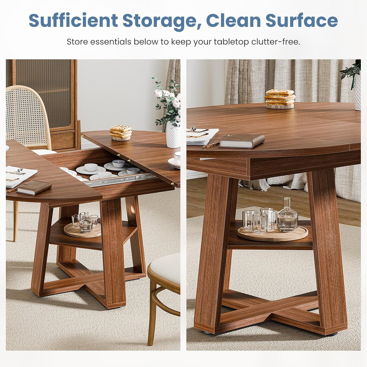 DUMOS Extendable Round Dining Table for 4-8, Modern Kitchen Oval Dinner Table with Storage Shelf, Wood Pedestal Table, Space Saving Modern Style, Brown