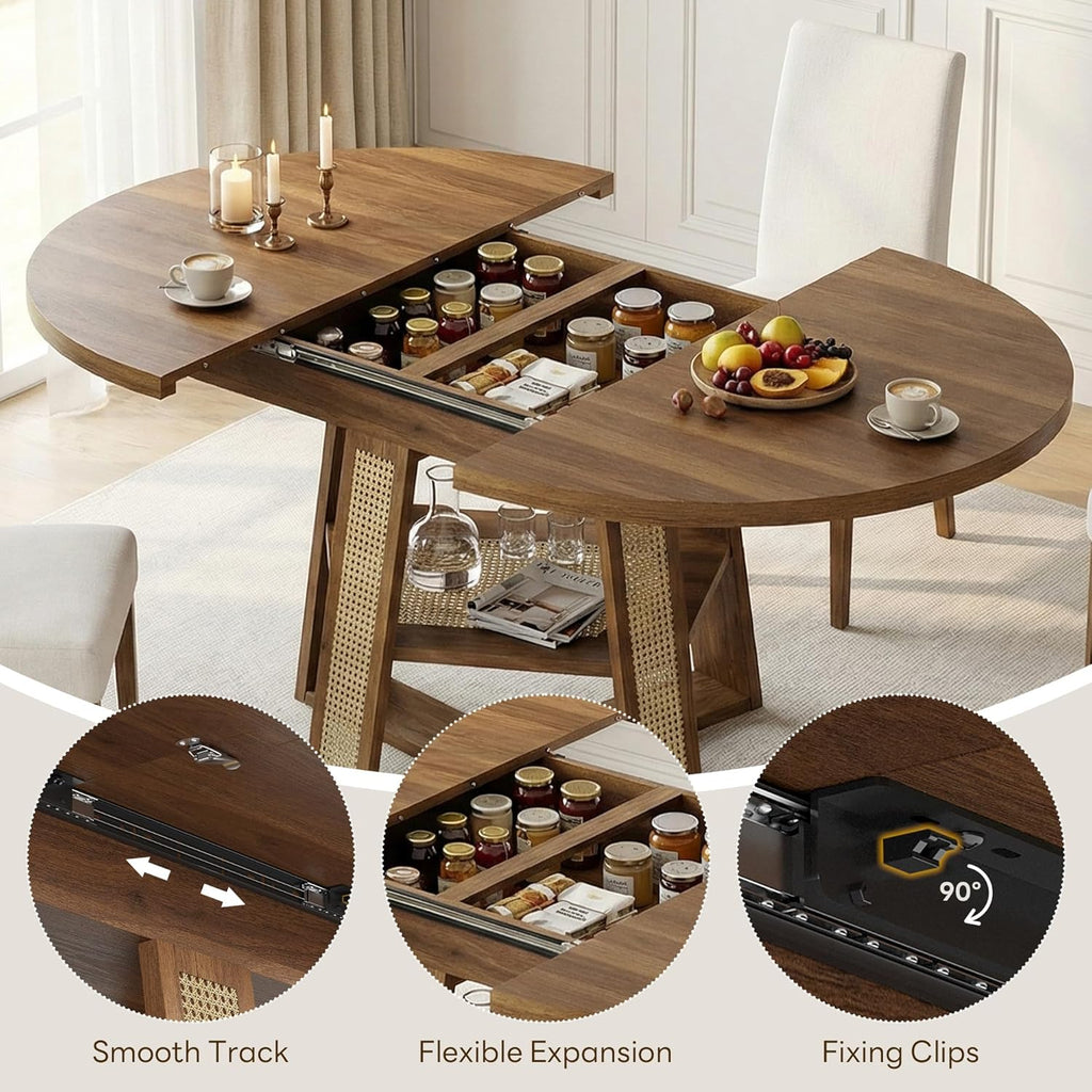 LIKIMIO 43"-59" Extendable Round Dining Table for 4-8, Oval Dining Room Table with Removable Leaves Space Saving, Wood Base Kitchen Table with Storage Shelf for Living Room, Walnut