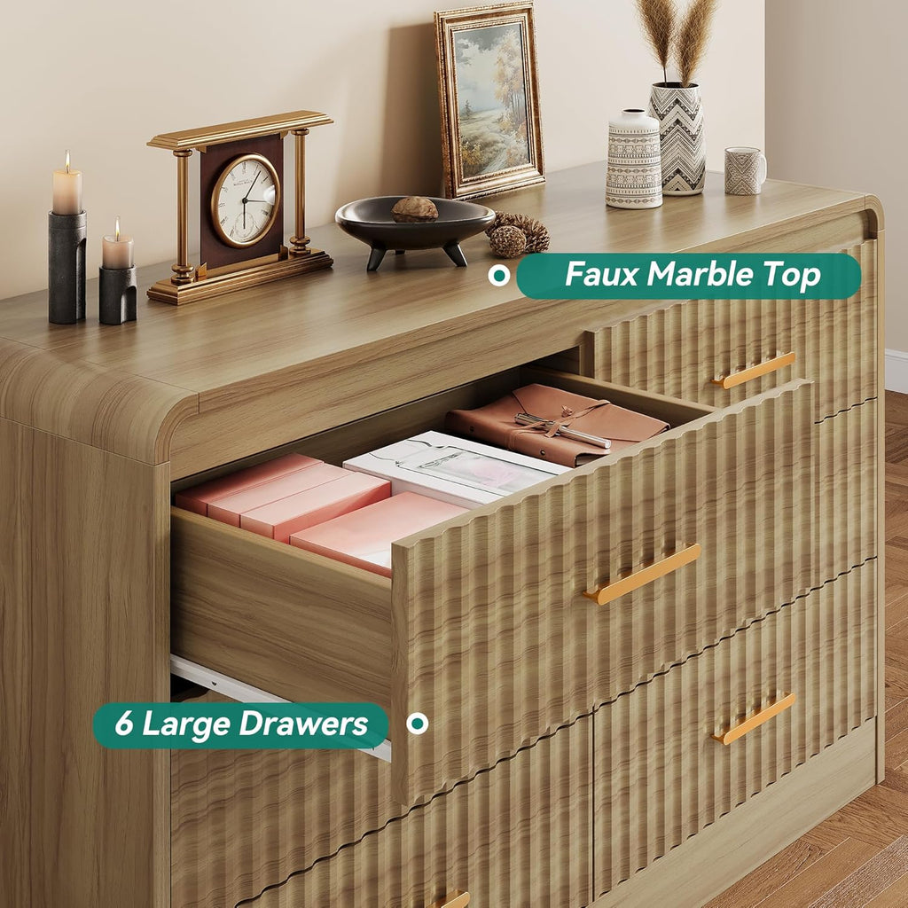 YITAHOME 6-Drawer Dresser with Built-in Power Outlet, Wood TV Stand with 6 Large Drawers and Bar Handles, White Dresser Chest of Drawers for Living Room, Hallway, Entryway