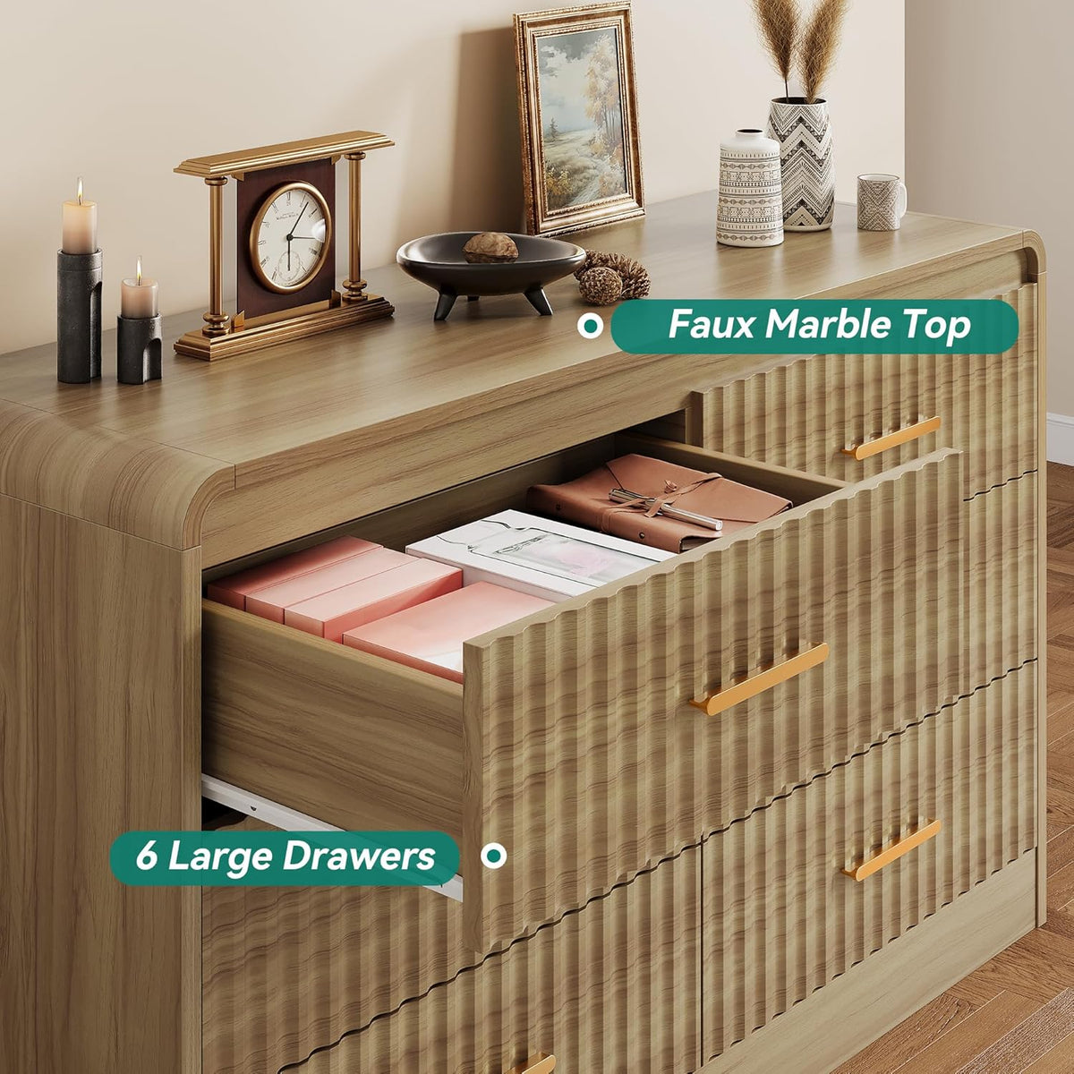 YITAHOME 6-Drawer Dresser with Built-in Power Outlet, Wood TV Stand with 6 Large Drawers and Bar Handles, White Dresser Chest of Drawers for Living Room, Hallway, Entryway