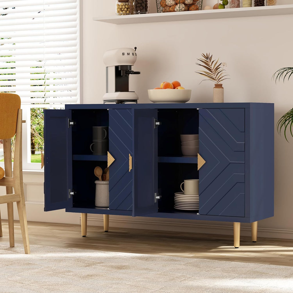 HLR 48" Accent Cabinet with 4 Doors and Shelves, Modern Sideboard Buffet Cabinet with Decorative Embossed Pattern Doors, Credenza Storage Cabinet for Living Room, Kitchen, Dining Room, Hallway