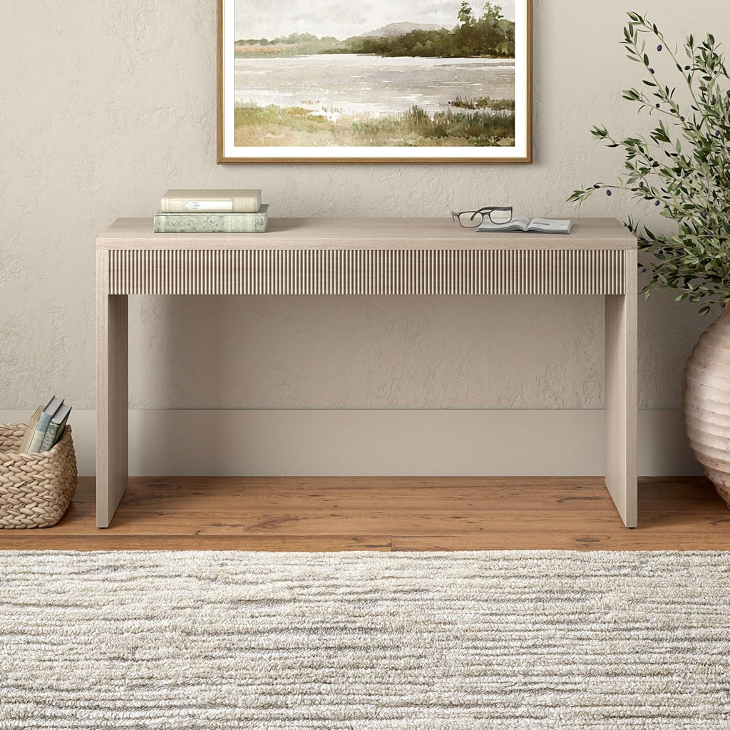 Henn&Hart 55" Rectangular Fluted Console Table, Ribbed Entryway Table, Sofa Table for Entryway, Living Room, Couch, Hallway, or Office, Beech White