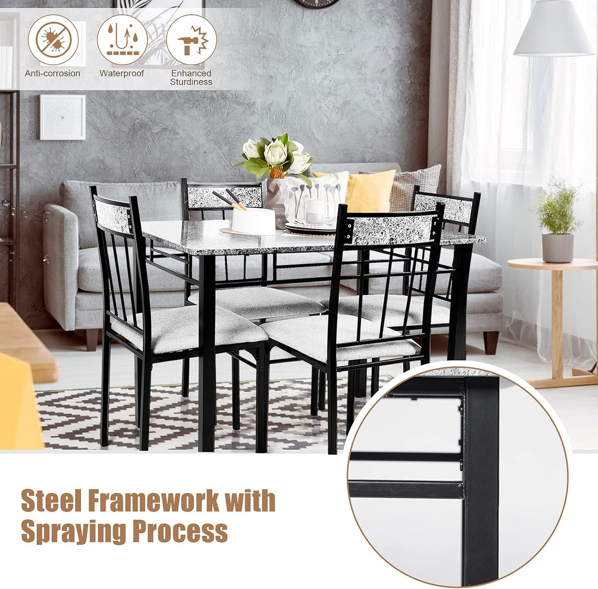 COSTWAY 5-Piece Kitchen Dining Set, Marble Dining Table Set with Sponge Cushion and Metal Structure, Modern Kitchen Table Set for Apartment, Restaurant and Cafe, Grey and Black
